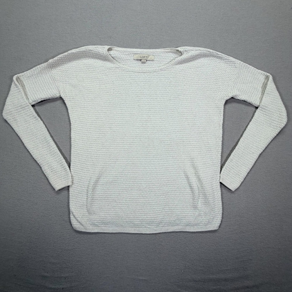 Loft Sweater Women XS White Metallic Textured Popcorn Knit Long Sleeve Pullover